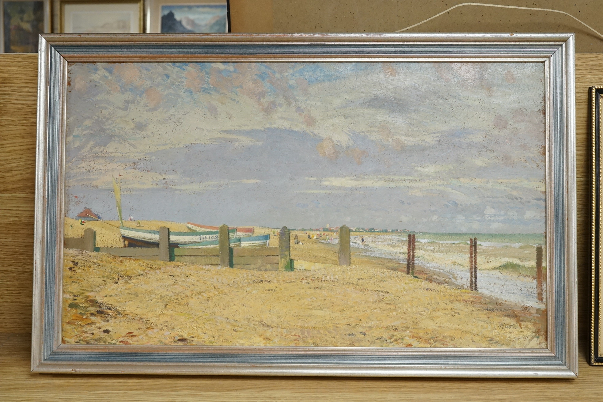 Gerald Gardiner (1902-1959), oil on board, 'Aldeburgh, Unsettled weather', monogrammed and dated 1957, 30 x 51cm. Condition - fair to good